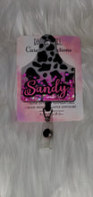 Load image into Gallery viewer, Cow Print Ear Tag w/Ombre&#39; Glitter Retractable Badge Reel
